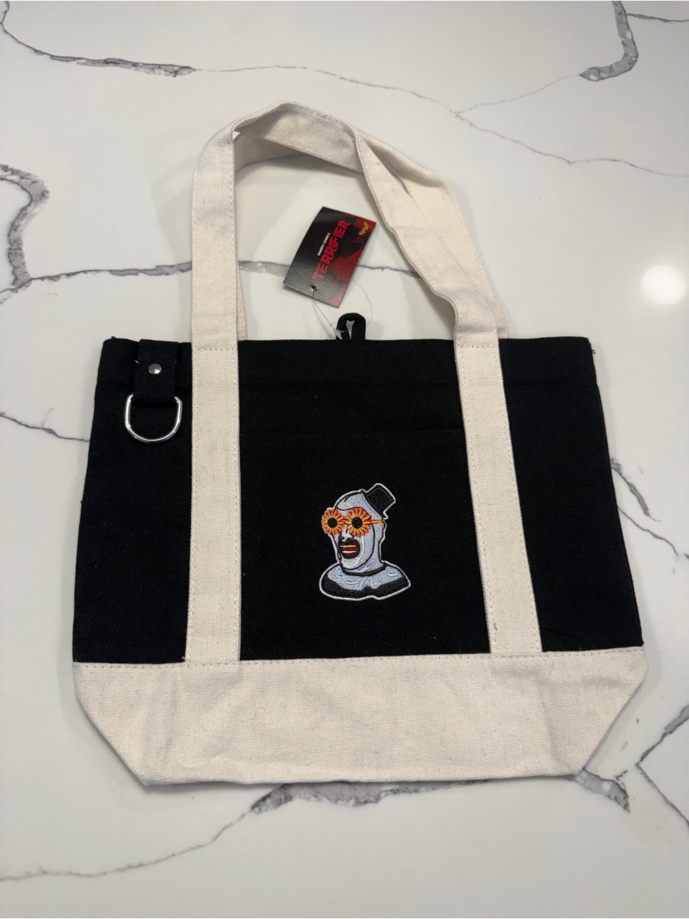 Spirit Halloween Terrifer tote Black and Cream with Embroidered Graphic